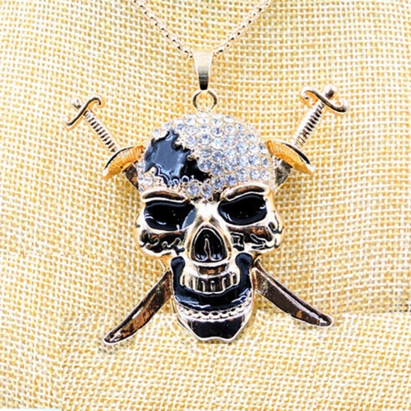 Enamel Crystal Skull Head With Daggers, Nuts, Bolts Chain Necklace- Halloween - Picture 3 of 7